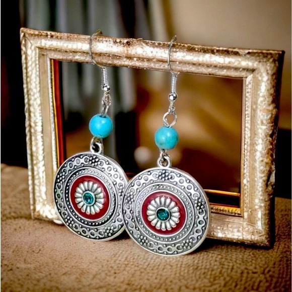 Boho Western Chic Dangle Drop Earrings Pierced Antique Silver Red Turquoise - Picture 3 of 16